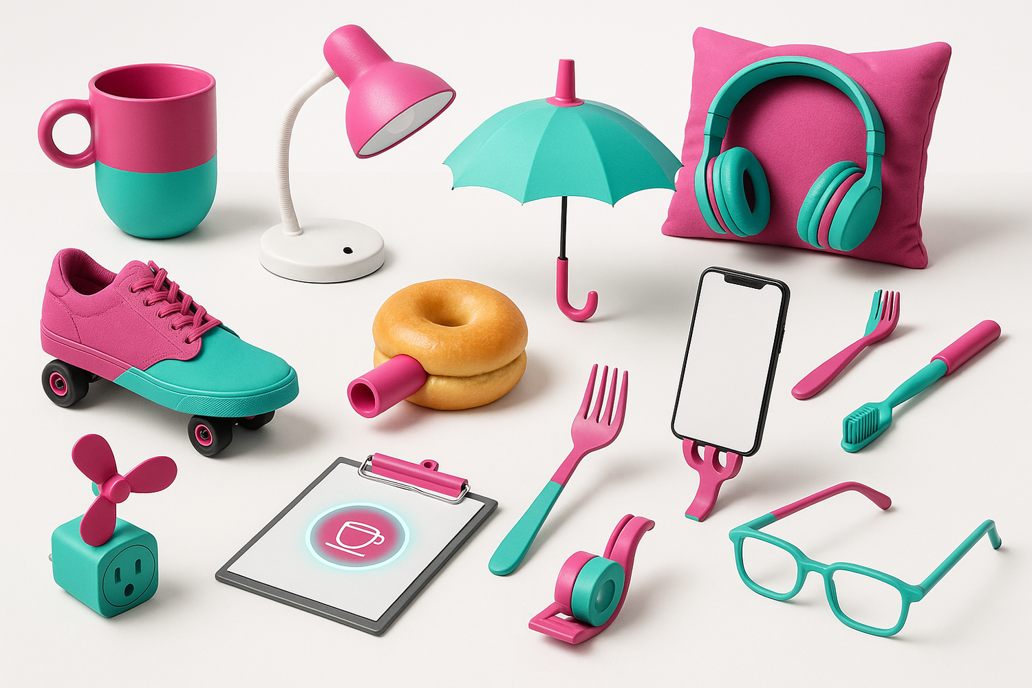 tanti prodotti di design innovativi invenzioni assurde mockuop sfondo bianco sopra un tavolo e richiami di colore magenta e verde acqua