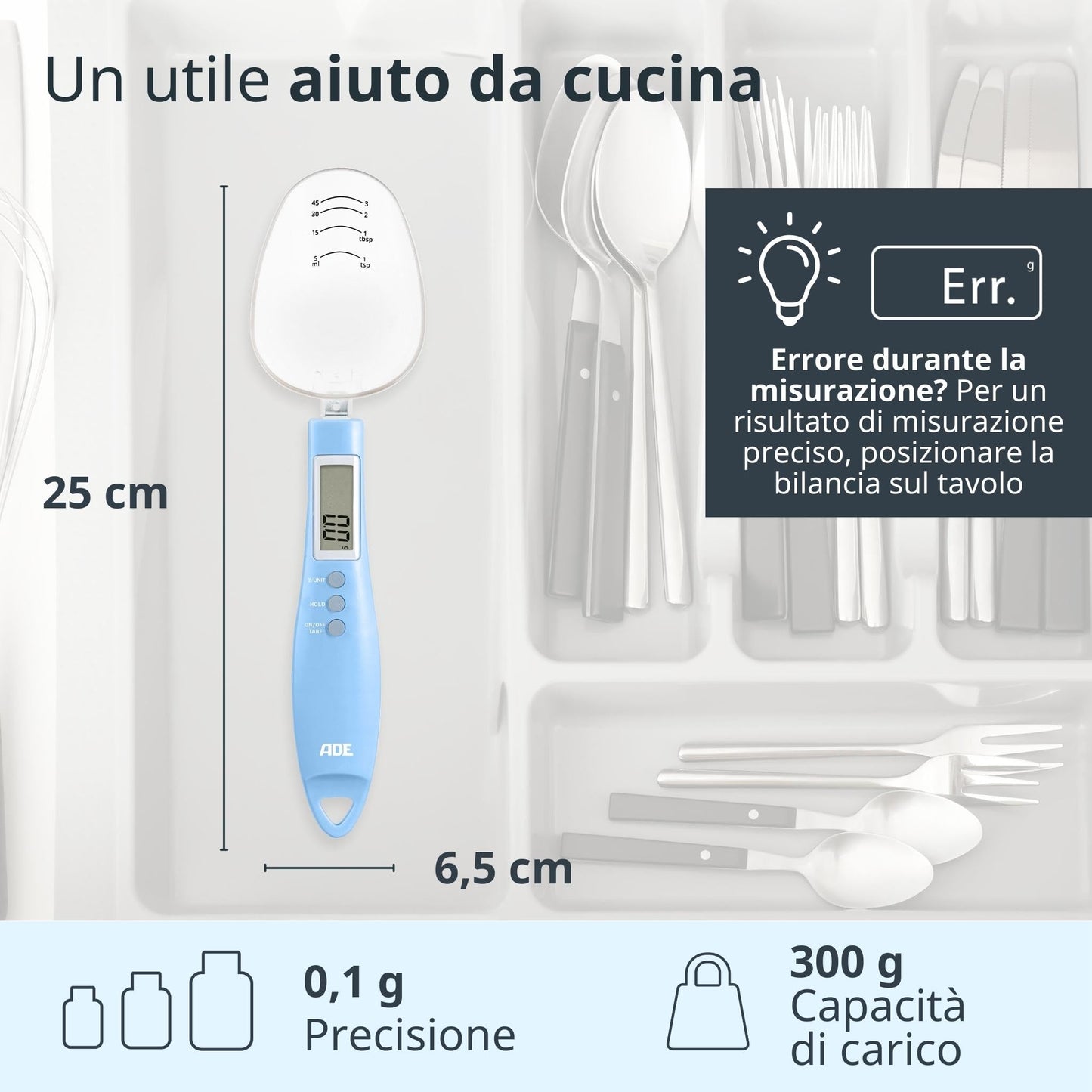 ADE Digital Precision Spoon Scale | Electronic Measuring Spoon Scale for Accurate Weighing and Dosing | 0.01g Accuracy | Also for Liquids | with LCD Display | Blue