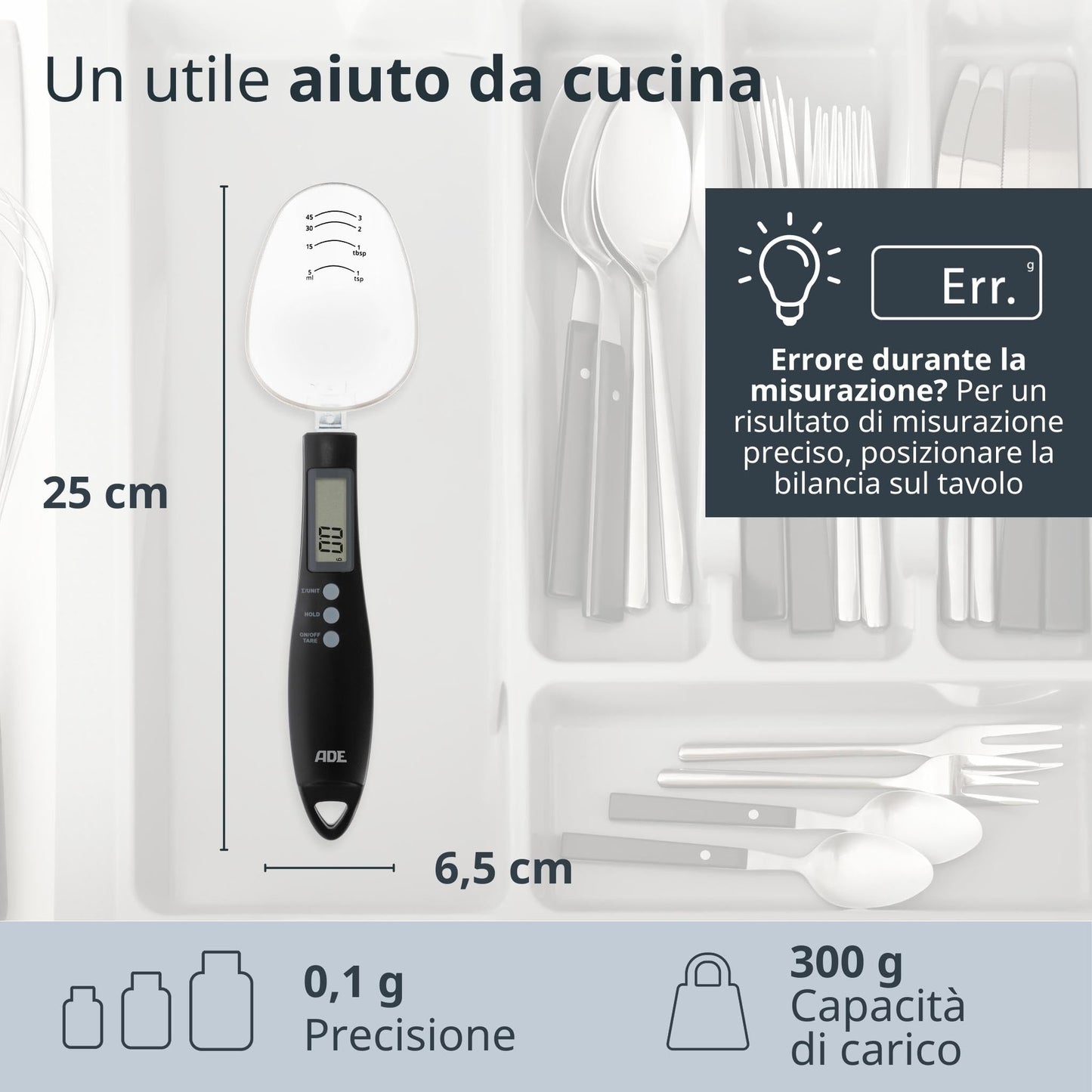 ADE Digital Precision Spoon Scale | Electronic Measuring Spoon Scale for Accurate Weighing and Dosing | 0.01g Accuracy | Also for Liquids | with LCD Display | Blue