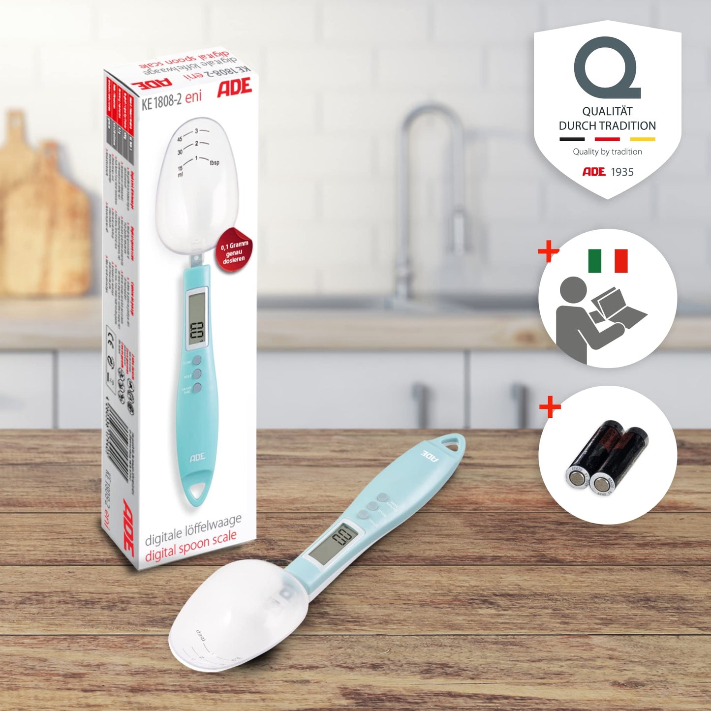 ADE Digital Precision Spoon Scale | Electronic Measuring Spoon Scale for Accurate Weighing and Dosing | 0.01g Accuracy | Also for Liquids | with LCD Display | Blue