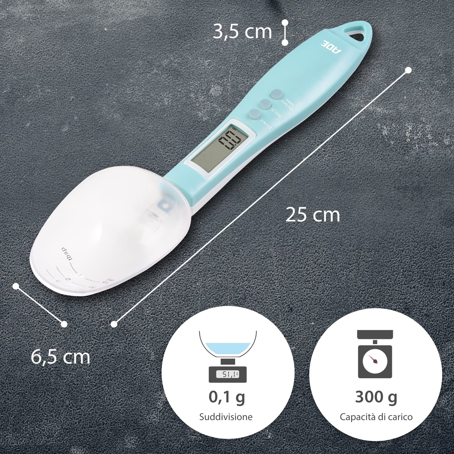 ADE Digital Precision Spoon Scale | Electronic Measuring Spoon Scale for Accurate Weighing and Dosing | 0.01g Accuracy | Also for Liquids | with LCD Display | Blue